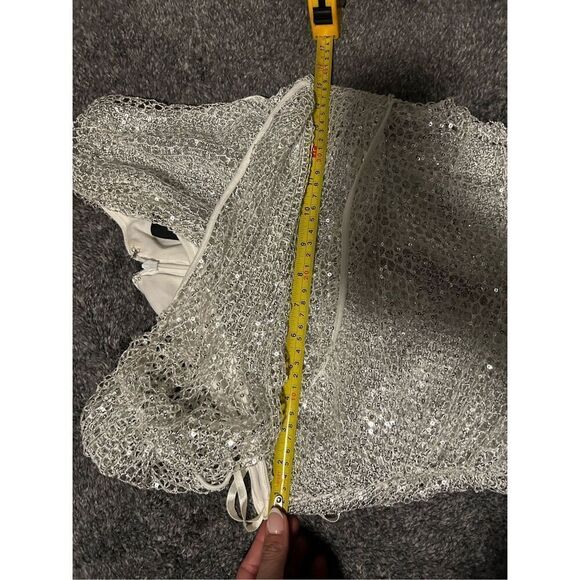 Maeve Reilly x BCBGMAZAZRIA Silver Asymmetrical Mini Dress Size 0 Puff Sleeve - Picture 11 of 12